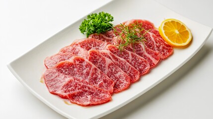 Japanese-style carpaccio with thin slices of Kobe beef, drizzled with yuzu ponzu sauce, garnished with shiso leaves, served on a minimalist white plate