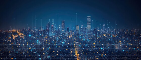Obraz premium Futuristic Smart City at Night: A Network of Lights and Connections