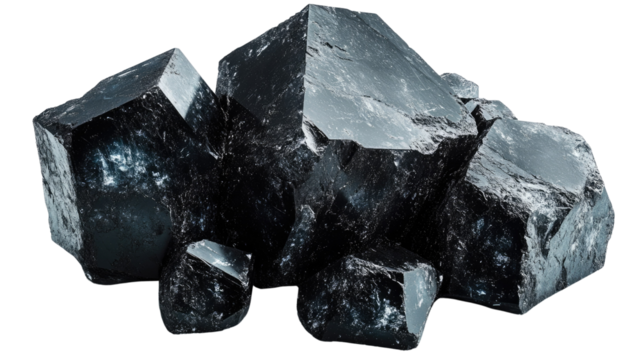 Black Minerals in Formation: a stunning image of several raw, glossy black mineral formations, Each formation reveals a unique pattern.