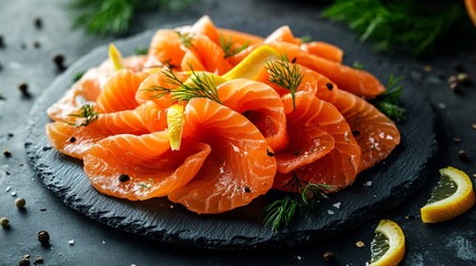 Salmon carpaccio, thinly sliced and arranged like a blooming flower, garnished with citrus zest and fresh dill, served on a minimalist slate plate