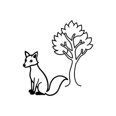 A Fox sitting near a tree line art illustration