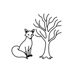 A Fox sitting near a tree line art illustration
