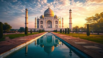 A breathtaking early morning at the Taj Mahal. The majestic architecture is surrounded by lush greenery and serene water, making it ideal for promotional and travel uses. AI