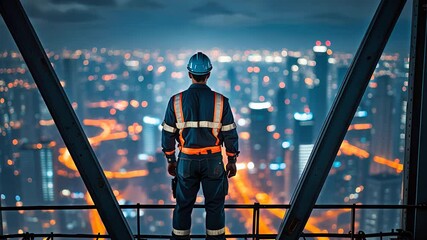 Construction worker in safety gear standing on high-rise steel beam overlooking illuminated modern city skyline at night

 - Powered by Adobe