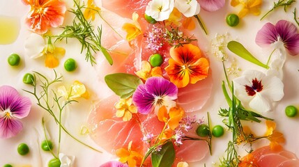 Spring-inspired carpaccio with edible flowers, pea shoots, and a light citrus vinaigrette, soft pastel background