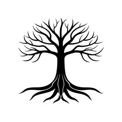 A giant tree with intricate roots silhouette illustration