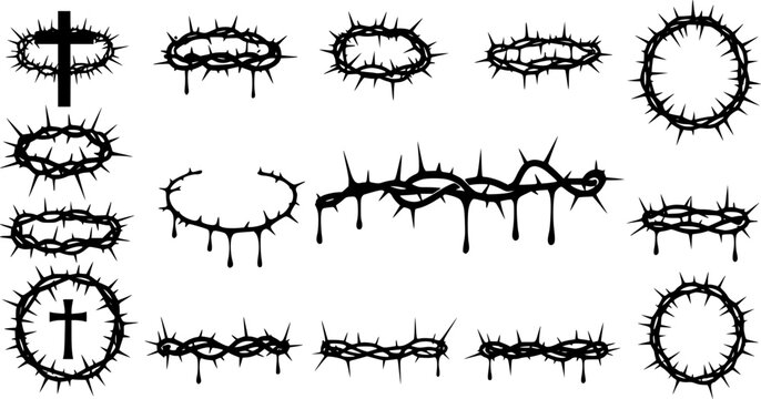 set of Crown of thorns icons set. Black silhouette of a crown made of thorns. Christian symbol.
