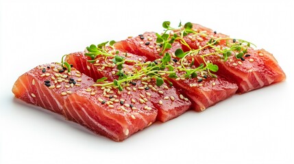 Tuna carpaccio with a sesame seed crust, drizzled with ponzu sauce, topped with micro herbs, set against a clean white background