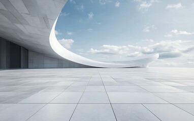3D rendering of an empty concrete floor with a futuristic architectural background