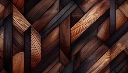 A dark wooden seamless pattern with a modern diagonal panel arrangement. This realistic and elegant texture is perfect for sophisticated interior design, flooring, and architectural backgrounds.

