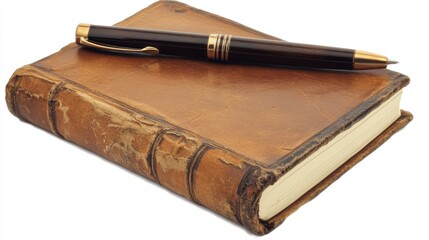Antique Leather Journal Book with Vintage Brown Pen Writing History Literature Concept