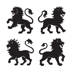 Black silhouettes of running heraldic lion, vector animal illustrations