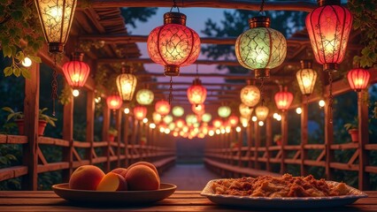 Obraz premium Colorful lanterns illuminate wooden pathway with fruits and pastries at dusk
