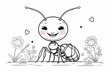 A line of cute cartoon ants, ready to be colored.