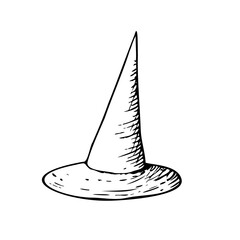 Fototapeta premium Vector halloween witch hat. Hand painted linear wizard cap illustration. Graphic monochrome sketch isolated on background. For designers, prints, logo, icon, menu, postcards, holiday, covers
