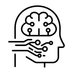 Robotic head icon with a mechanical brain and connecting wires. Symbolizes artificial intelligence, humanoid robot, and machine learning.