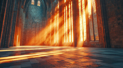 Sunbeams illuminate Gothic cathedral interior; peaceful scene, ideal for spirituality, history, or fantasy themes