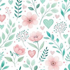 Obraz premium Watercolor Elegant Floral Seamless Pattern, Colorful floral pattern featuring hearts and delicate leaves for a cheerful and lively atmosphere in designs. Isolate on white background,