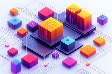 Cubes and squares with drawings are on gray platforms. Linear drawings are on the background.