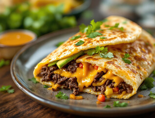 Arepa tradicional rellena en primer plano con luz natural