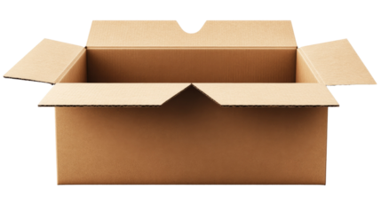 Open Cardboard Box: A simple, yet versatile, open cardboard box, perfect for conveying concepts of delivery, packaging, storage, or even the metaphorical idea of a new beginning.