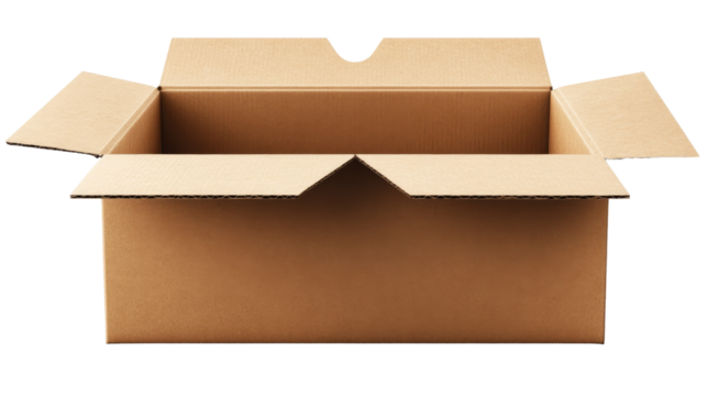 Open Cardboard Box: A simple, yet versatile, open cardboard box, perfect for conveying concepts of delivery, packaging, storage, or even the metaphorical idea of a new beginning.