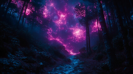Surreal purple nebula in dark forest path, fantasy landscape, digital art, for game design