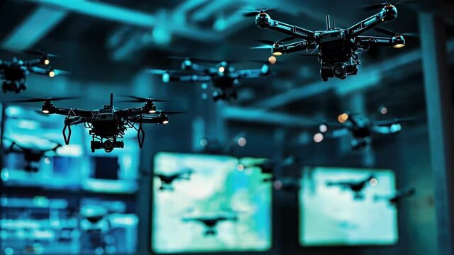 In a dimly lit control room filled with screens a swarm of miniaturized drones hovers over a digital map seamlessly coordinating their movements to intercept and dismantle cyberattacks