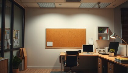 Modern Office Workspace Interior with Empty Desk and Minimalist Decor