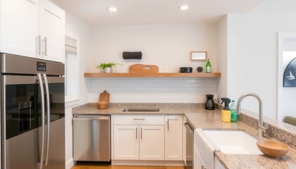 Modern White Kitchen with Granite Countertops and Stainless Steel Appliances