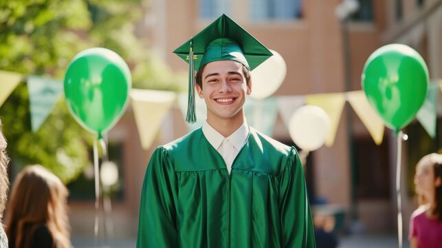 Happy male graduate in green.