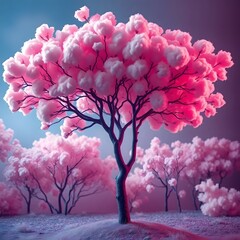 Fototapeta premium Abstract bold acrylic painting showcasing a pastel cotton candy tree in a dreamlike, surreal setting. High contrast, vibrant colors and textured brushstrokes art illustration design