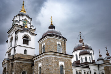 Skete of Saint Andrew in Mount Athos, Greece: Russian-Influenced Domes in Sacred Site on the Halkidiki Peninsula in the Aegean Sea. Spiritual Journey Amidst Cast Metal Bells and Majestic Architecture.