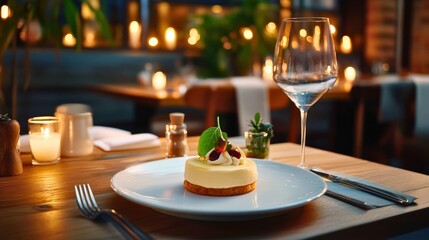 Fototapeta premium A plate of food with a dessert on it sits on a wooden table