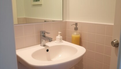Small Bathroom with Pink Tiles White Sink and Chrome Faucet