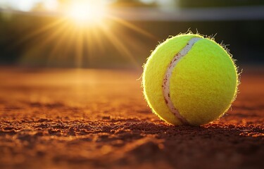 A bright yellow tennis ball positioned near the line on a clay court, captured in a close-up from a low angle, suitable for a presentation slide template. Top view