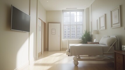 modern hospital room interior, featuring a white hospital bed, a flat-screen TV mounted on the wall, a light beige wooden floor, white walls, and a white door
