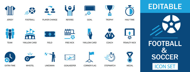 Football  Icon Set – Includes referee, goal, trophy, yellow card, free kick, penalty, whistle, goalkeeper, and more. Ideal for sports apps, websites, and infographics. Fully editable.