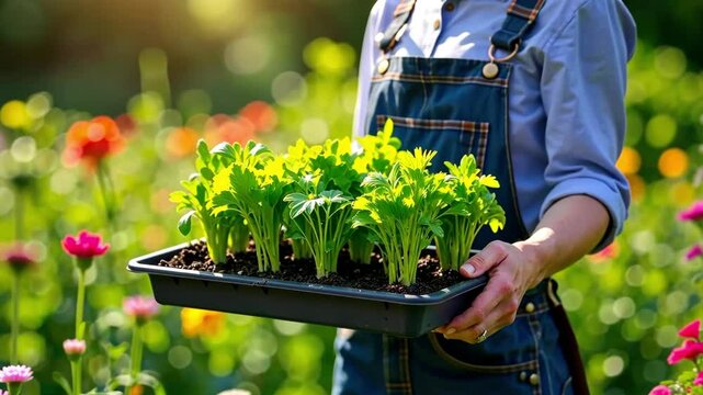 Person holds a tray filled with fresh celery plants amidst a colorful garden on a bright, sunny day