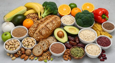 A vibrant collection of healthy foods showcasing a balanced diet rich in fruits vegetables whole grains nuts and legumes offering a visual guide to nutritious eating with a AI Generative