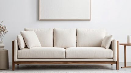 Fototapeta premium Handcrafted stylish japandi sofa modern minimalist living room elegant design tranquil atmosphere close-up view