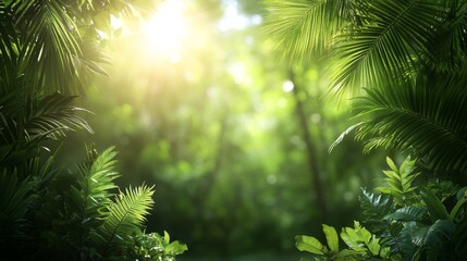Obraz premium Vibrant tropical palm leaves illuminated by sunlight in a lush green environment - a perfect nature background for creative design