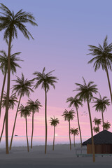 Fototapeta premium Silhouette coconut palm trees and bungalow at seaside with dramatic sky vertical background graphic illustration have blank space.