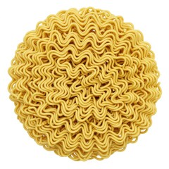 Close up of a circular block of dry instant noodles showing the wavy texture of the noodles clearly