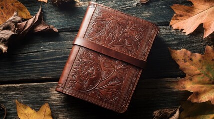 A brown leather journal on wood.