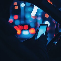 Closeup of hand holding smartphone with white mockup on screen,black mobile phone in hands with blank desktop screen while car driving,Mockup image,Copyspace for text.