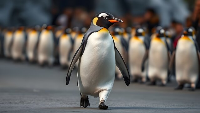 Modelos de pingüinos en la pasarela del desfile de moda
(Penguin models on the fashion show runway)