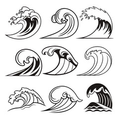 Fototapeta premium Collection Of Black Wave Icons Ocean Sea Water Illustration Multiple Objects Isolated On White Background 