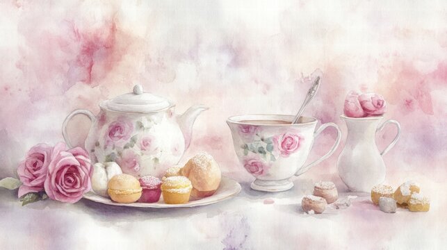 Watercolor illustration of British afternoon tea,tea break in the English style,tea set with Afternoon tea stand with macaroons and scone,cake,cup of tea,Tea time dessert table,vintage style.