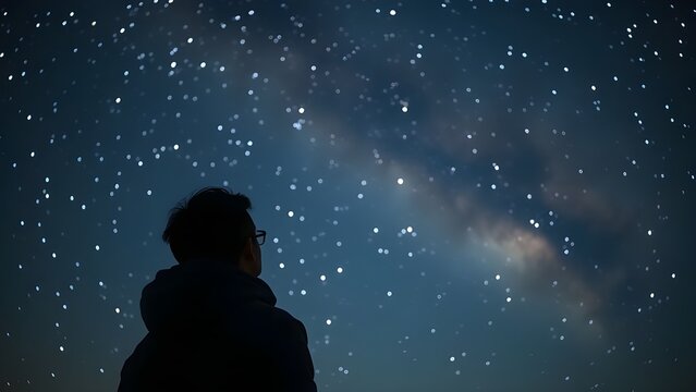 Una persona mirando las estrellas del cielo nocturno, estrellas fugaces y auroras.
(A person looking at the night sky stars, shooting stars and aurora)